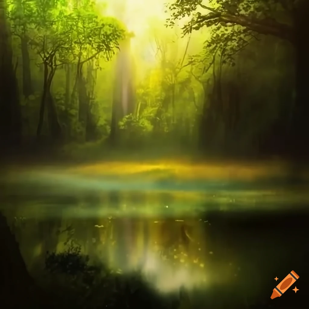 Mystic forest scene with shimmering pond in the foreground on Craiyon