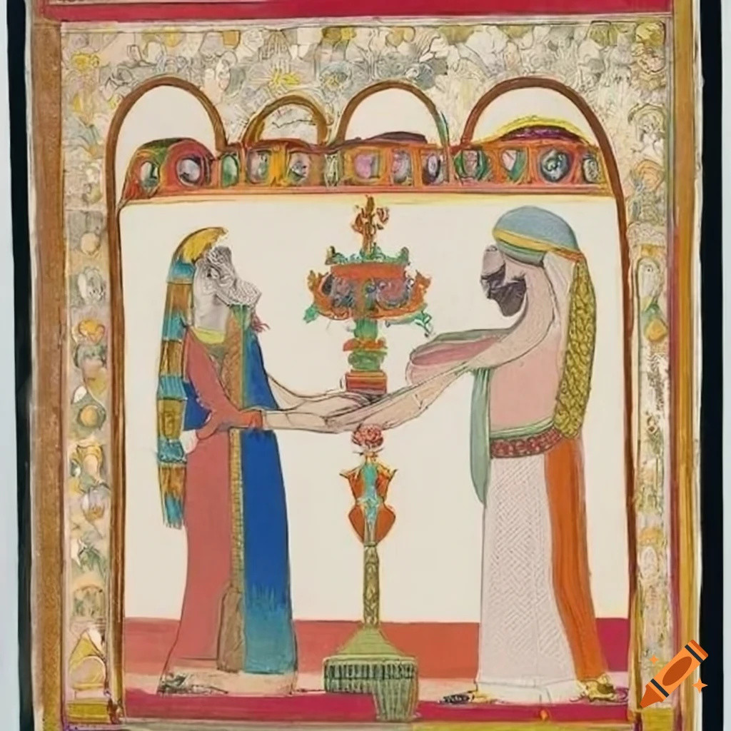 Biblical figures engaging in a reverent ceremony at an adorned altar