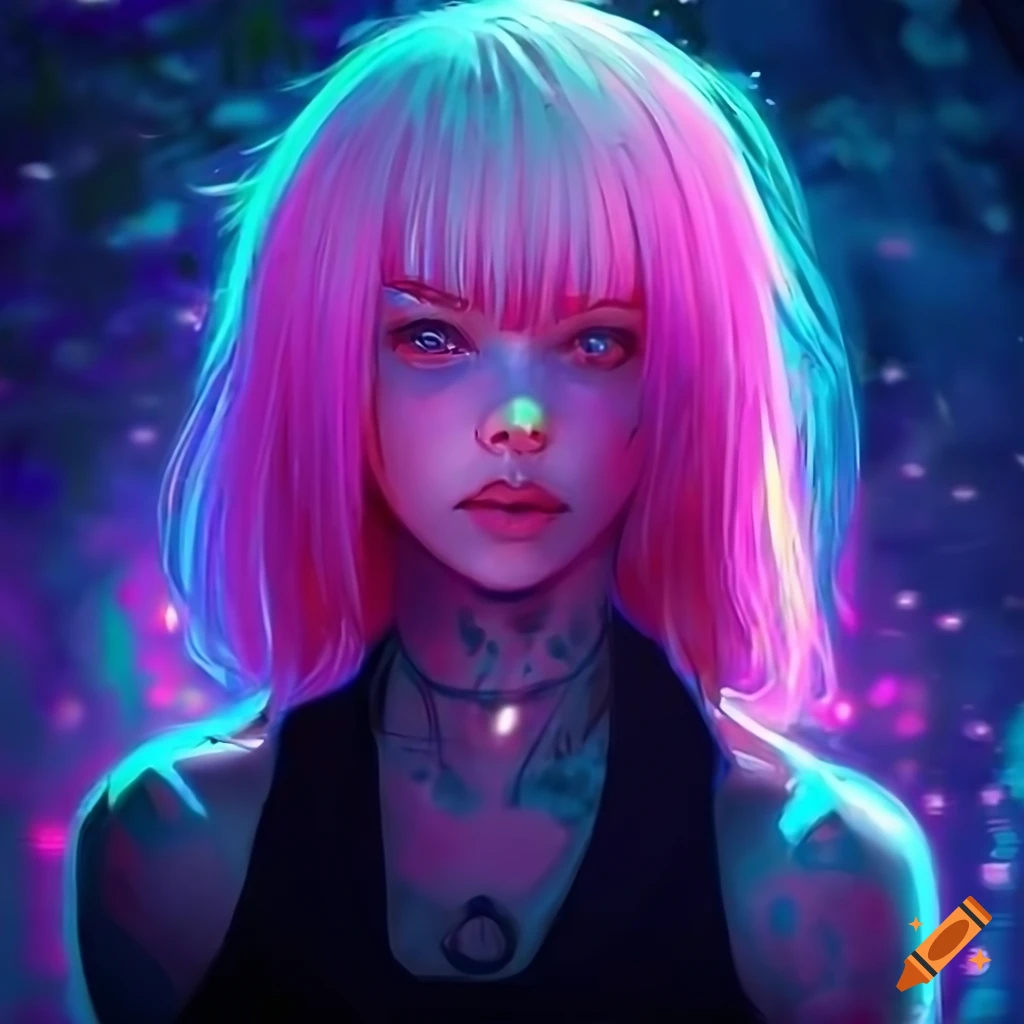 Stunning futuristic cyberpunk girl with pastel hair and black dress on