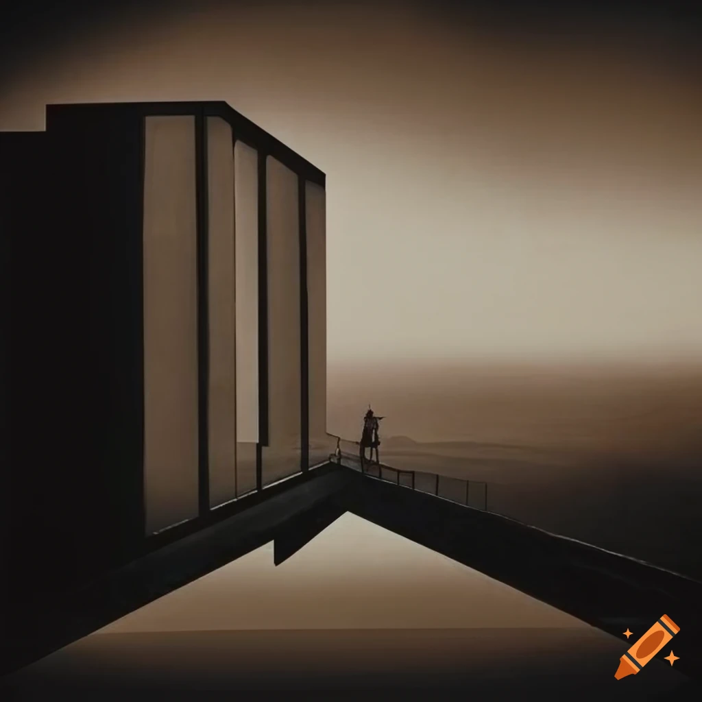 Surrealist retro 1950 graphic art depicting rooms, windows, and sky with strange forms