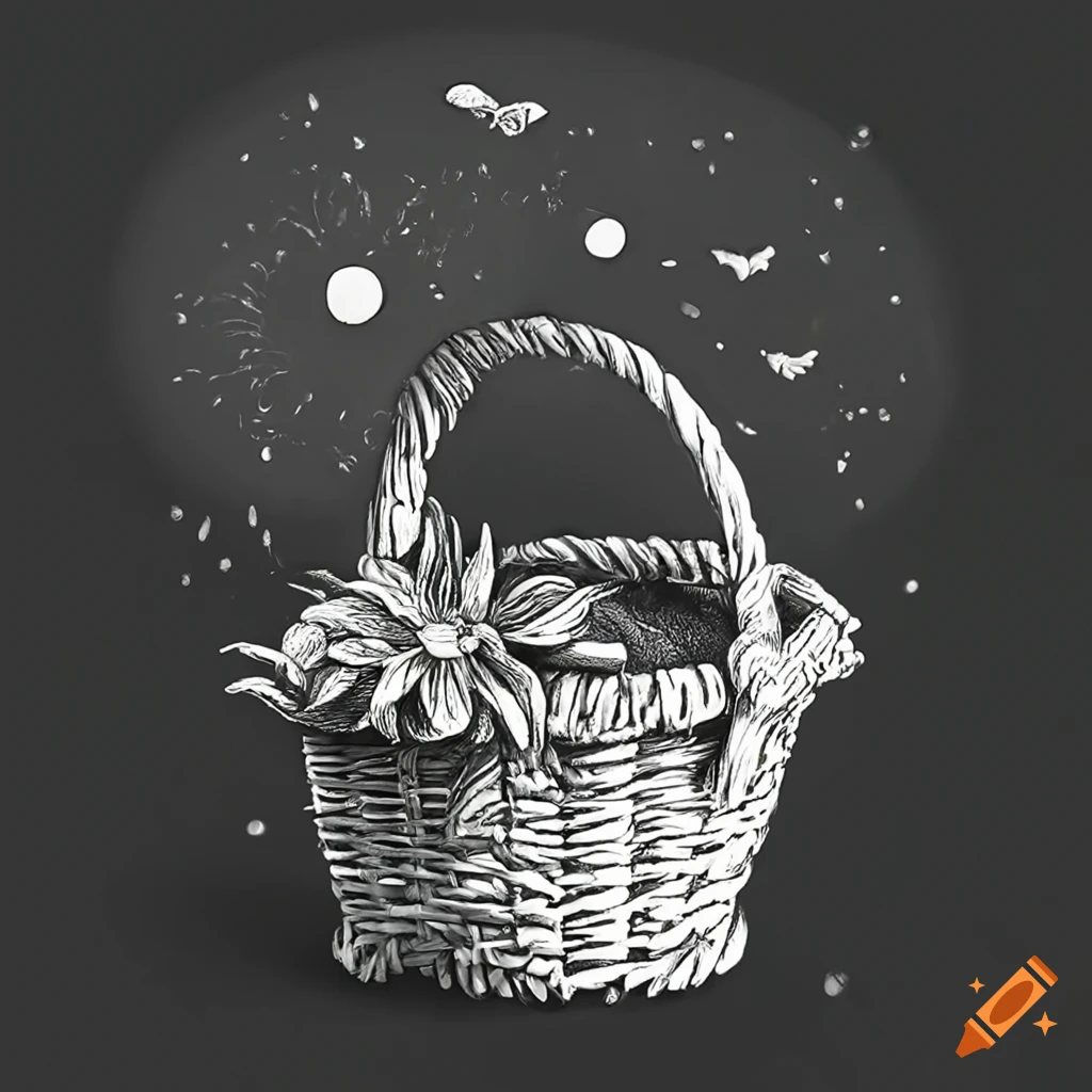 Magical basket with horse, witch, lamp, and flower from a fairy tale