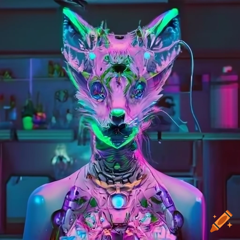 Biopunk cyborg fox goddesses in a neon-lit laboratory with biopunk ...