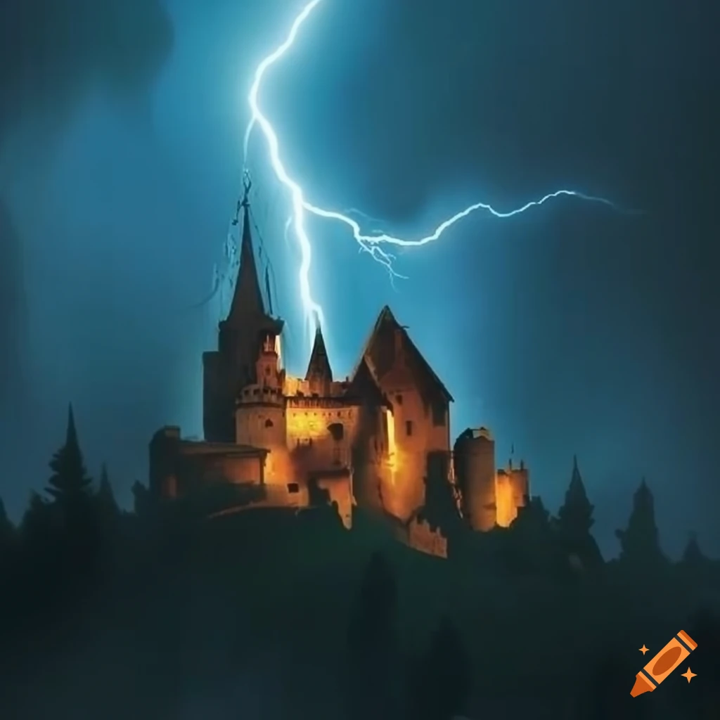 Castle in stormy weather with lightning and rain on Craiyon