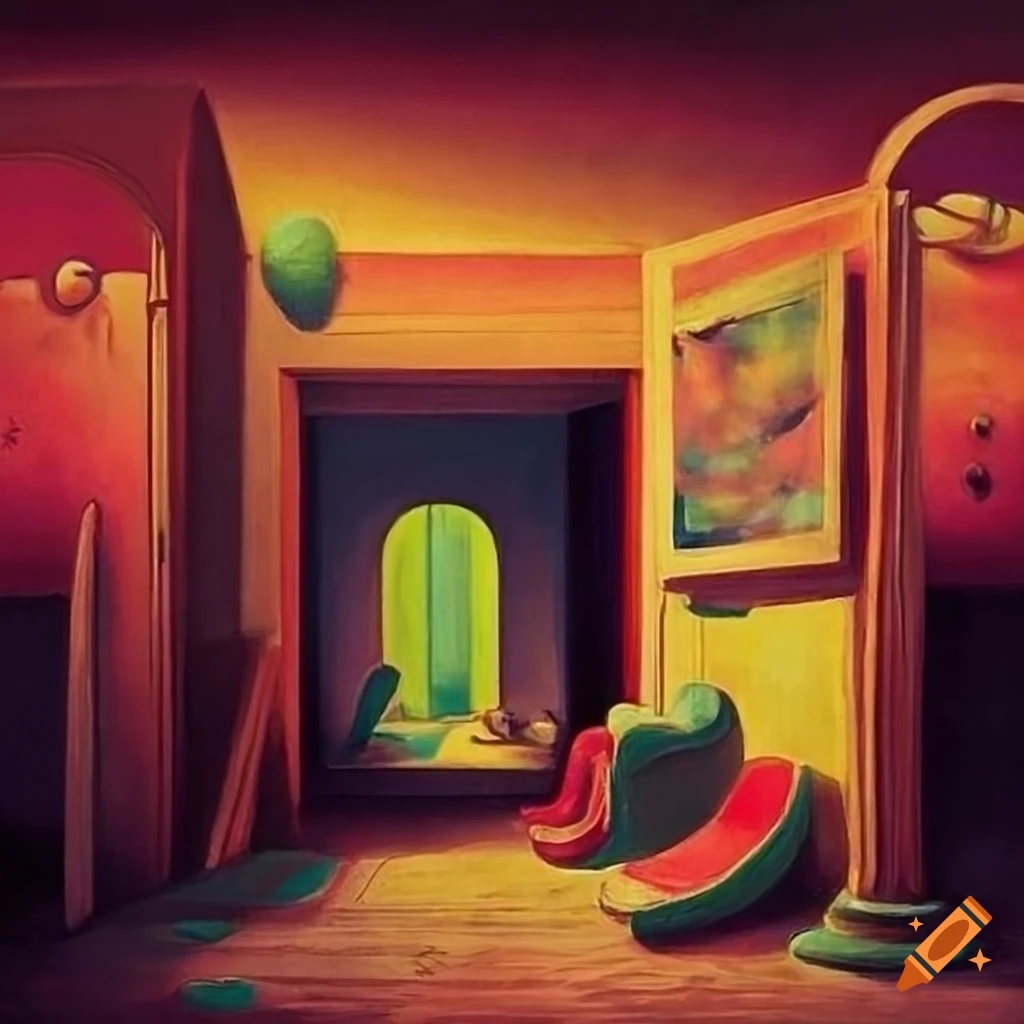 Retro surrealist art of 1950s rockabilly urban motifs with landscapes