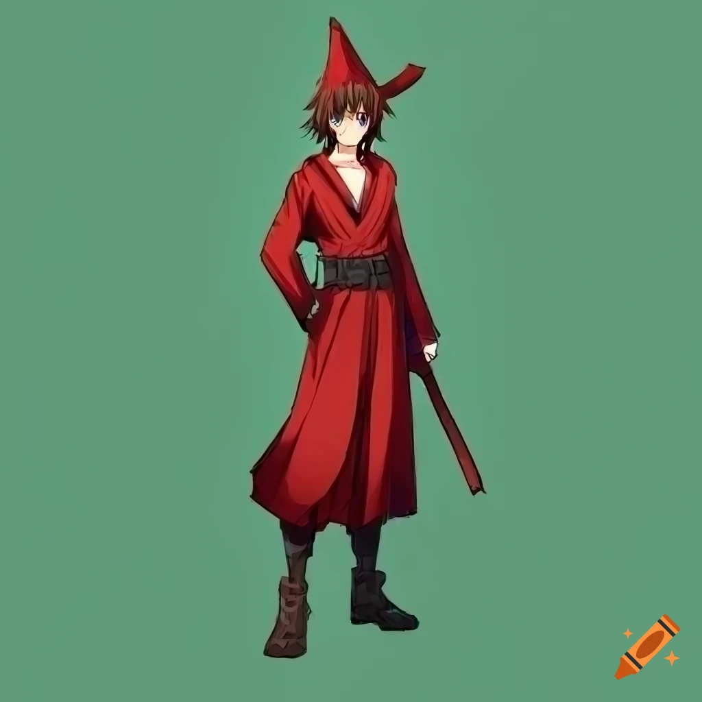 Male anime character in red robes and wizard hat with brown hair