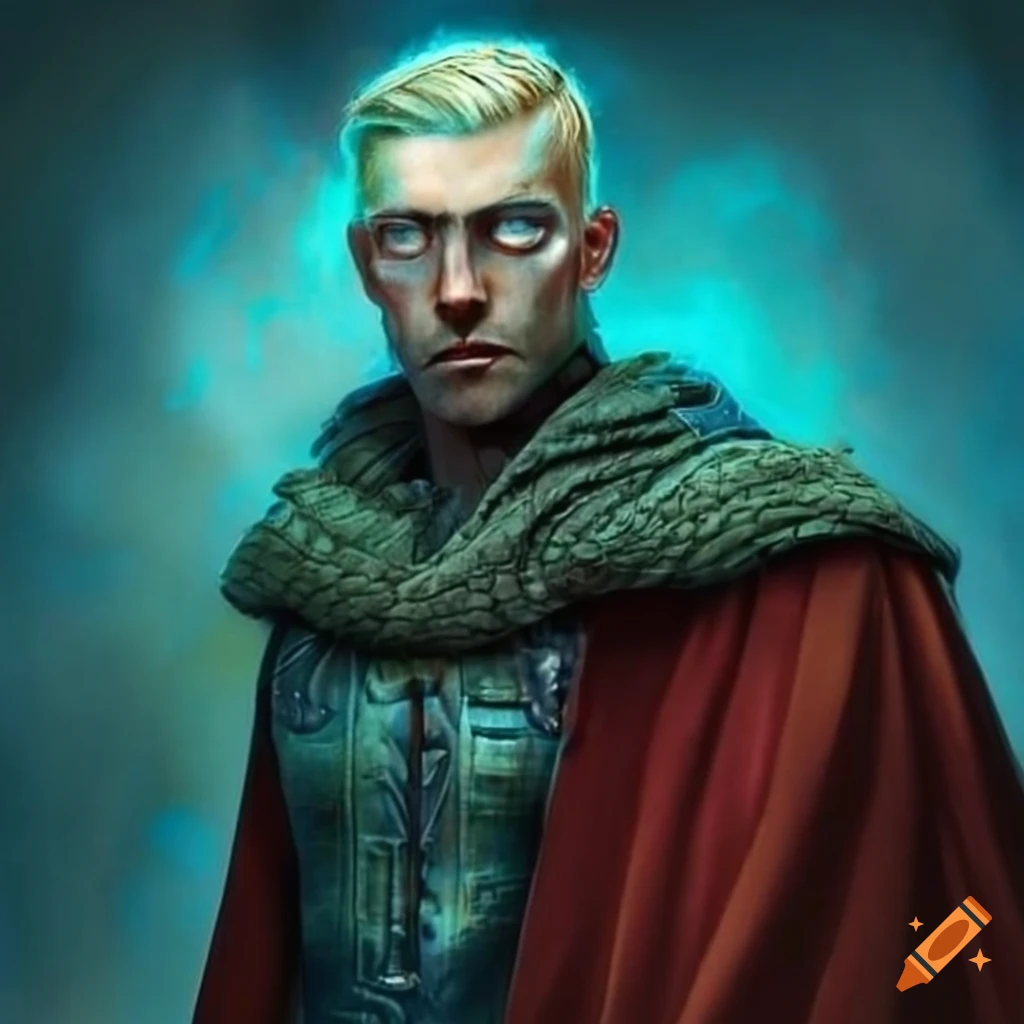 Blonde man with bright bluegreen eyes wearing a red cape on Craiyon