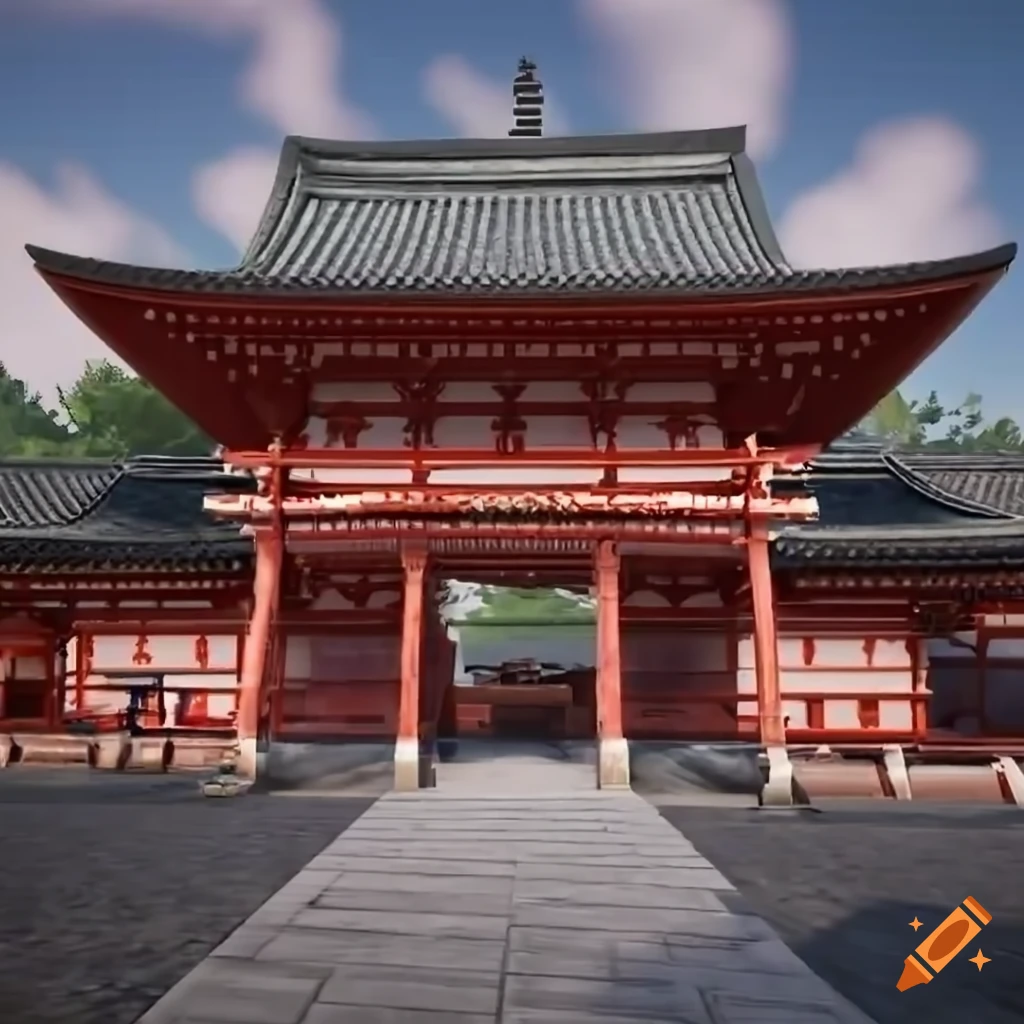 Japanese Shinto believer in a Japanese temple with shrine, sakura trees, and cloudy sky