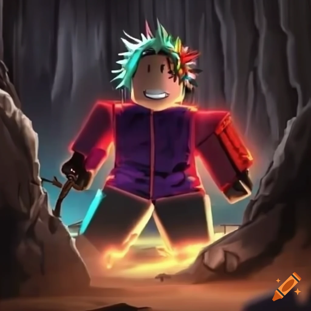 Roblox thumbnail depicting caving and fighting in anime style on Craiyon
