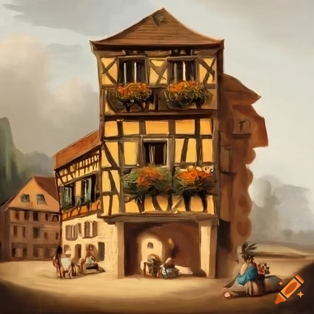 18th century style painting of an alsace tavern on a white background ...