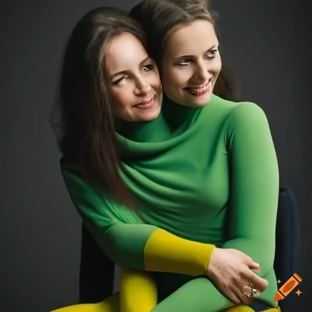 Two women hugging in green turtlenecks over yellow tights in an artistic illusion
