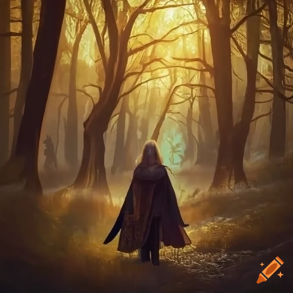 Solemn female knight in the woods surrounded by woodland spirits at