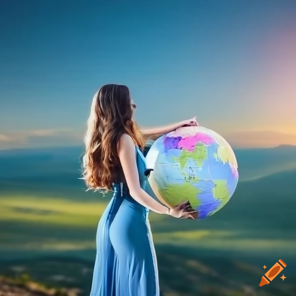 Adventurous woman reading a world map in a dreamy and colorful setting