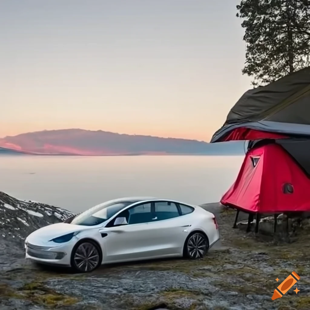 White Tesla Model 3 with rooftop tent in Norway