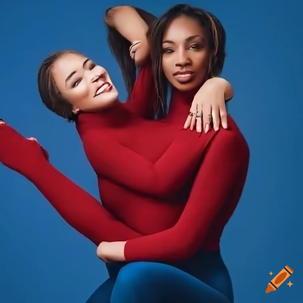 Two women hugging in red and blue outfits