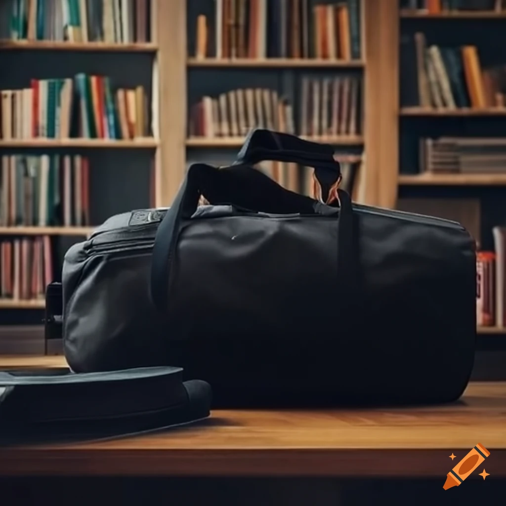 Black duffel bag on desk in a cozy library