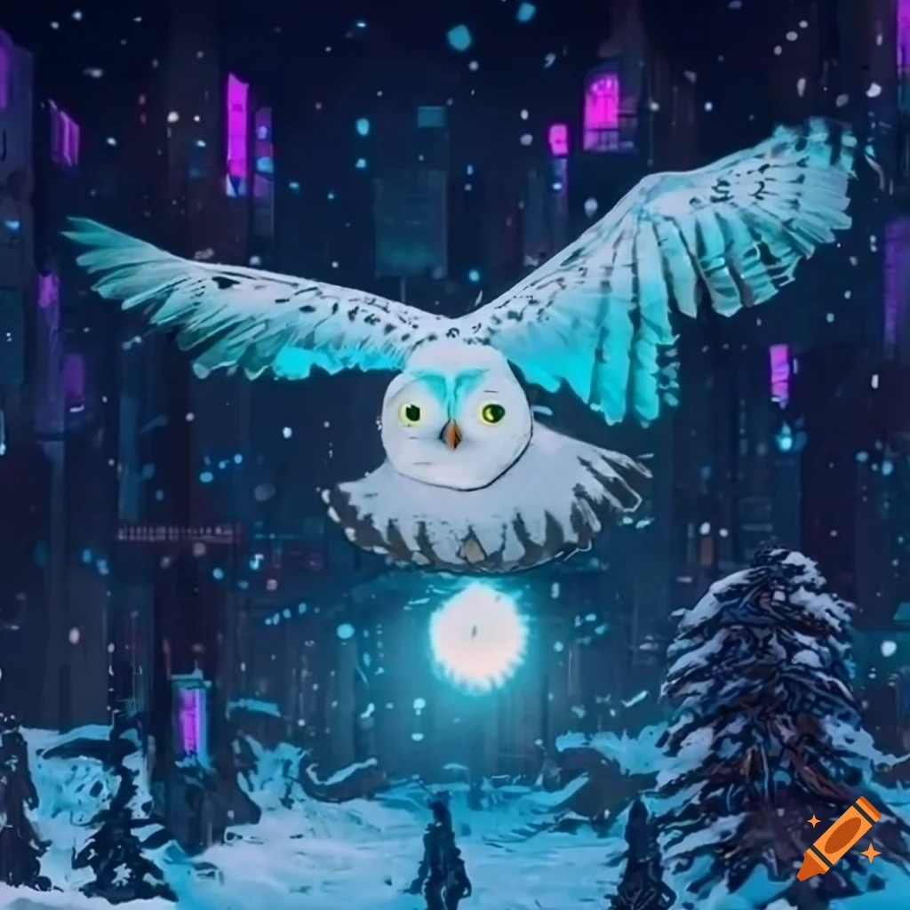 White cyberpunk snow owl flying in the snow in Tim Doyle style on Craiyon
