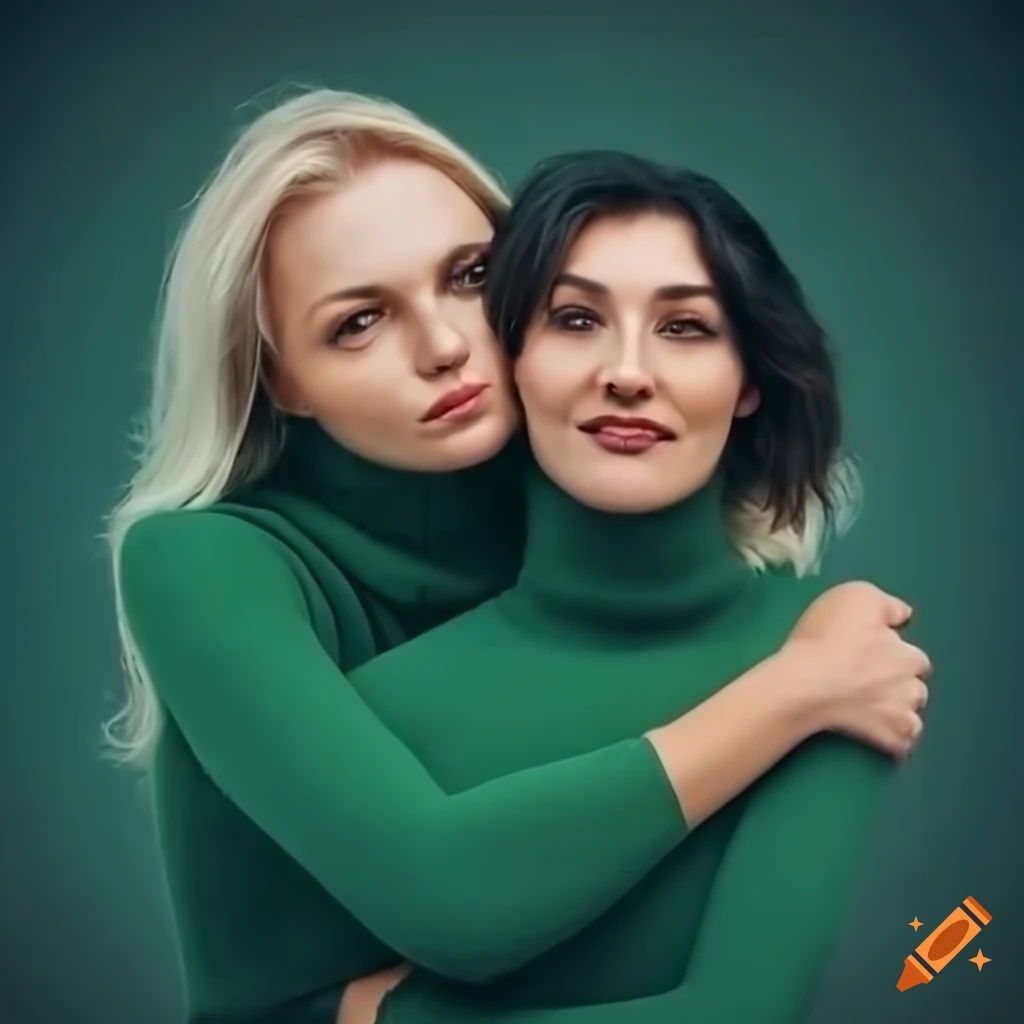 Blonde and brunette women hugging in connected green turtleneck sweater over indigo tights