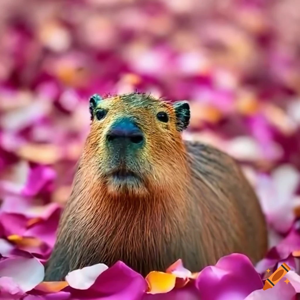 Capybara relaxing in a tub surrounded by rose petals