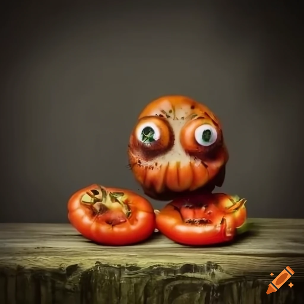 Closeup portrait of the rotten tomato fruit monster in a micro