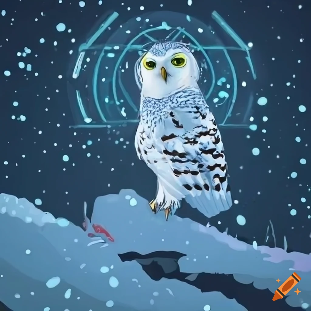 White cyberpunk snow owl flying in the snow in Tim Doyle style on Craiyon