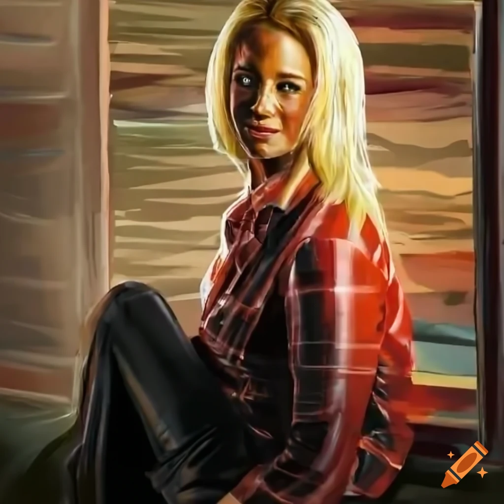 Young actress in country plaid shirt and black leather trousers sitting in a caravan