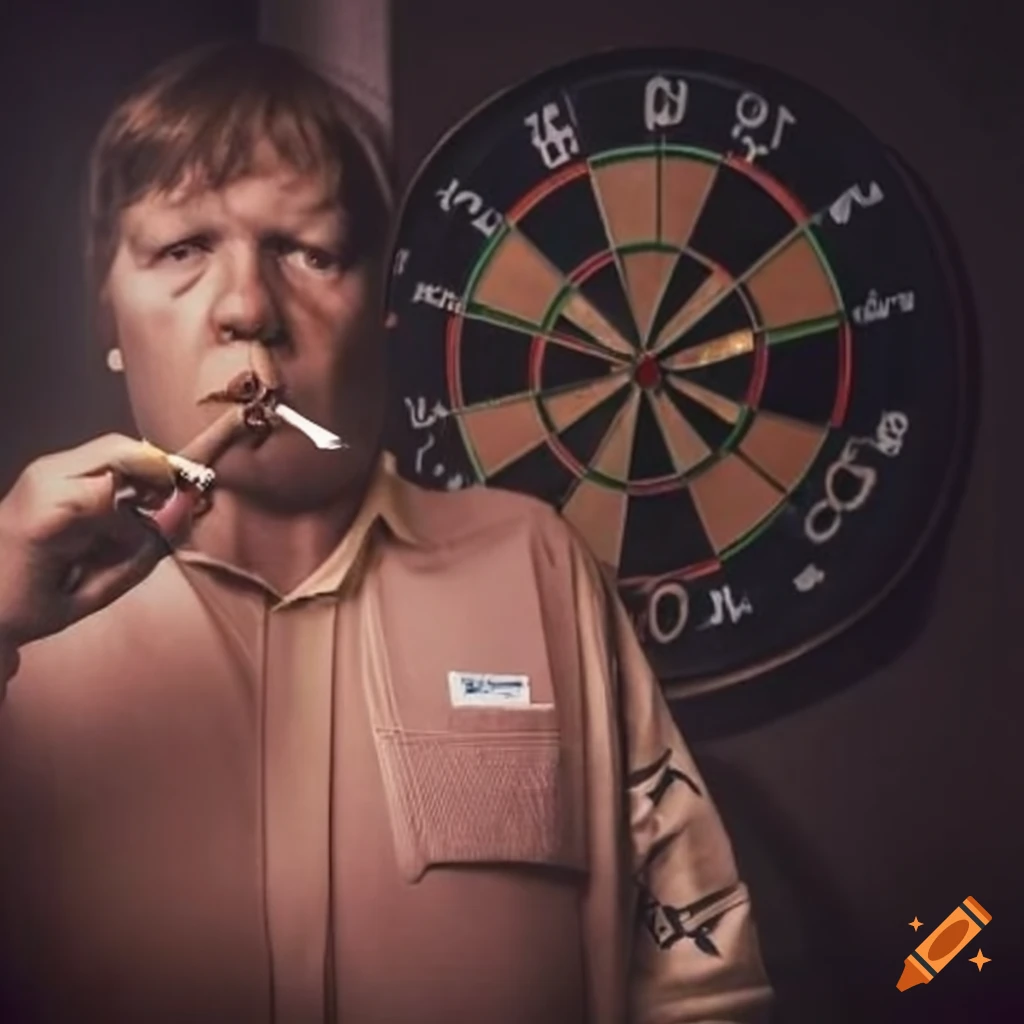 Darts player from the 1980s smoking a cigarette on Craiyon