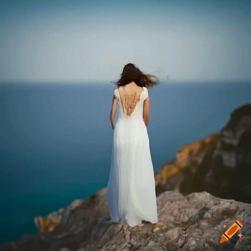 Woman with flowing hair in white dress overlooking the ocean from a ...