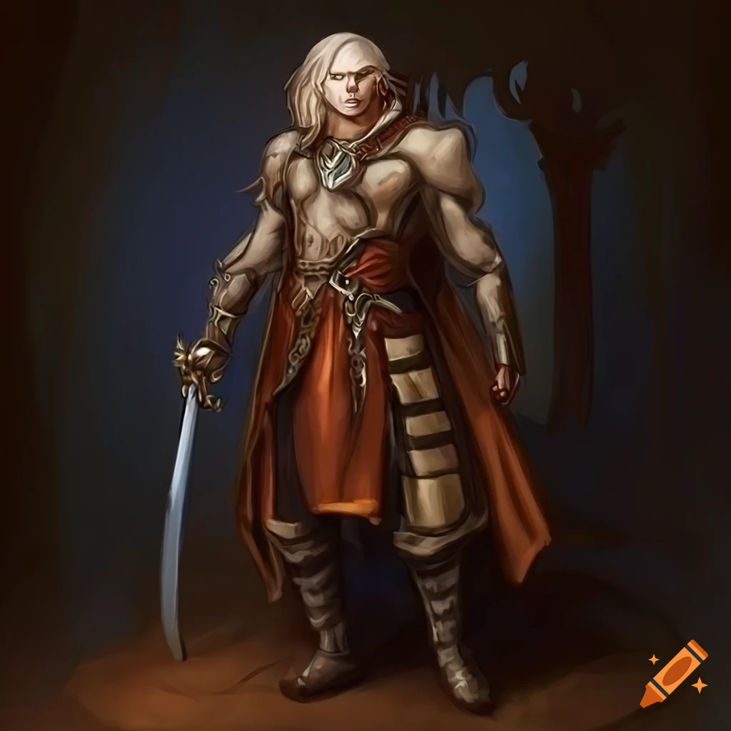 Ornately dressed male blademaster with a katana in a fantasy setting on