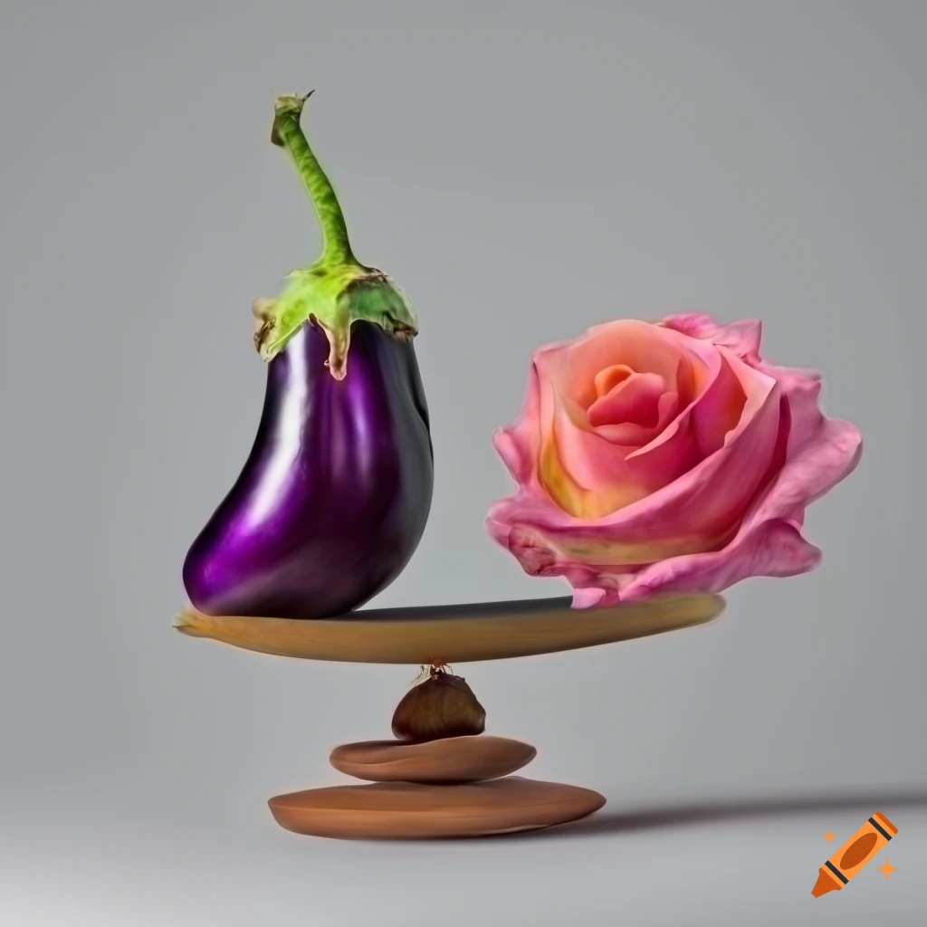 Eggplant and rose on balanced scale against white background