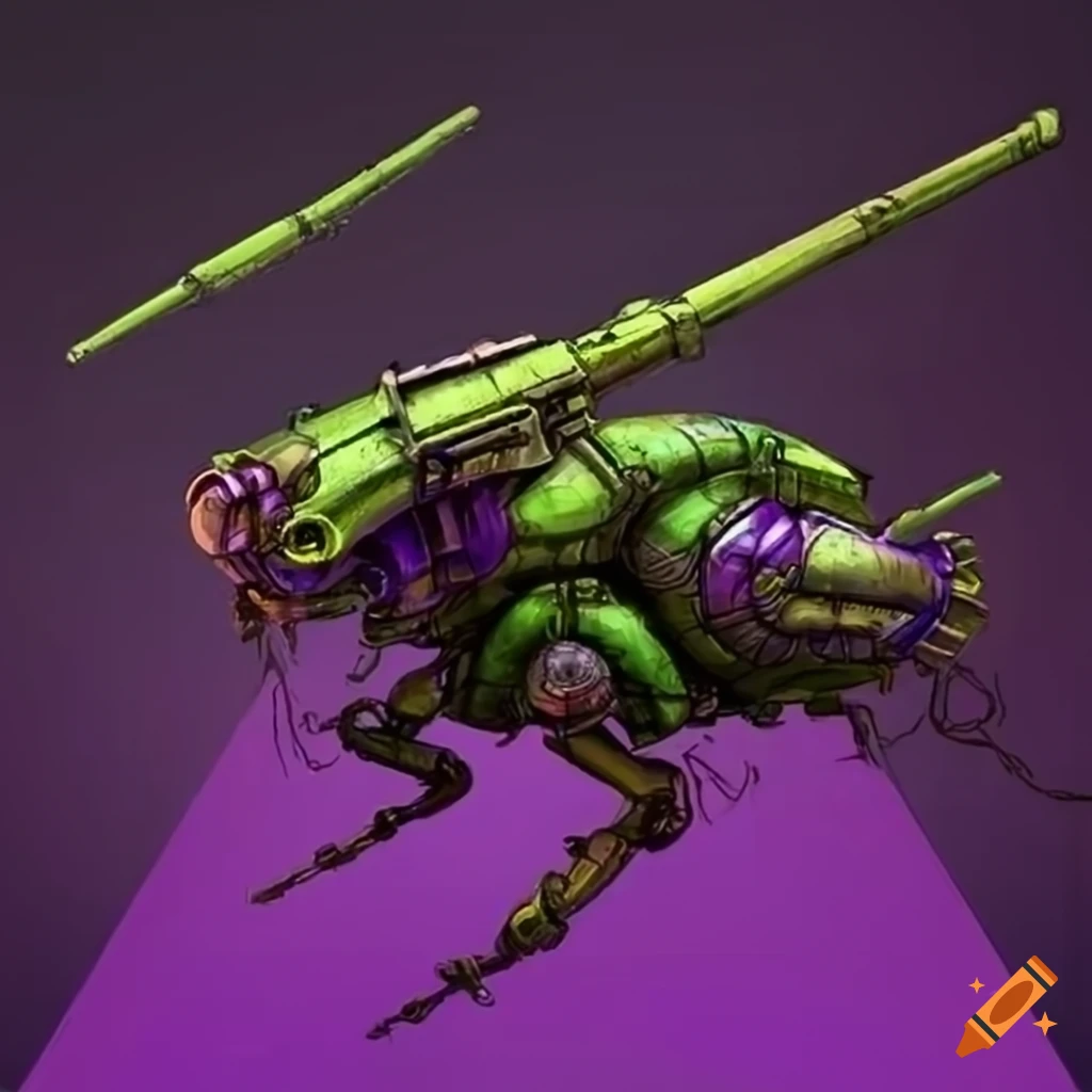 Purple and green dieselpunk mecha insect