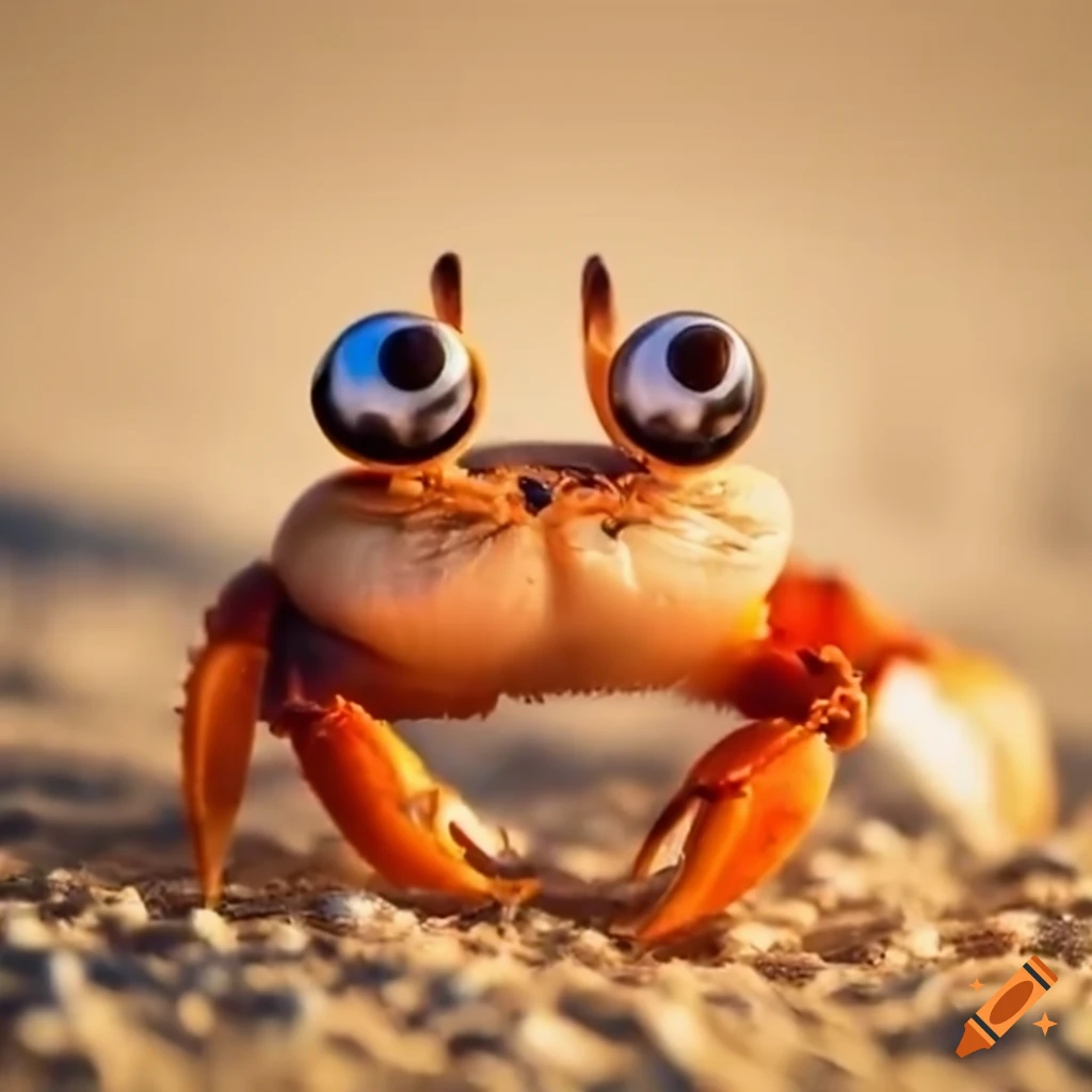 Happy crab with googly eyes on the beach