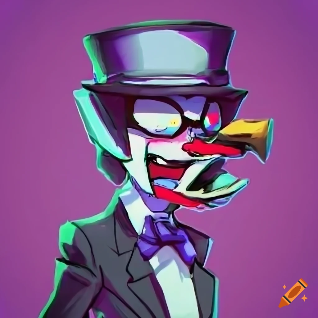 Chibi glitchy android butler character with pink mullet and mismatched eyes