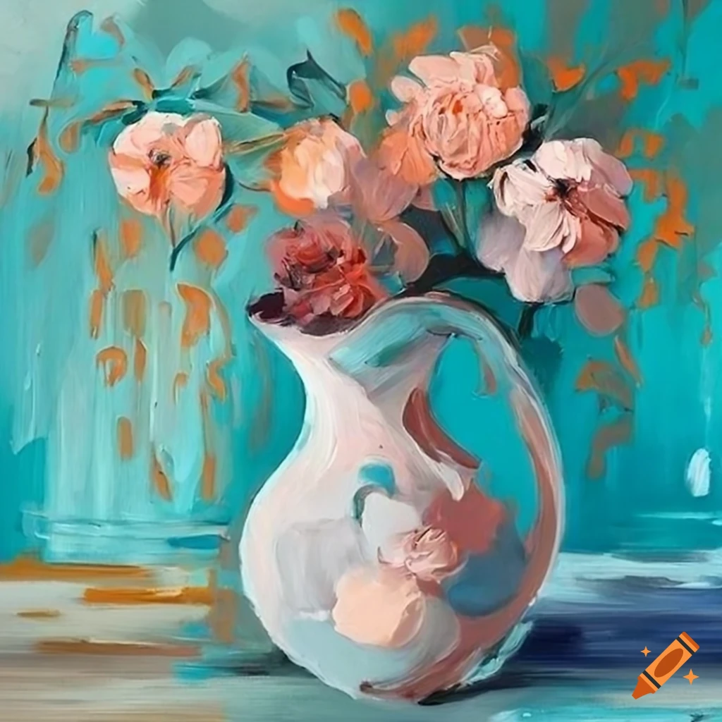 Modern Oil Painting Of A Flower Vase In Soothing Turquoise And Peach modern-oil-painting-of-a-flower-vase-in-soothing-turquoise-and-peach