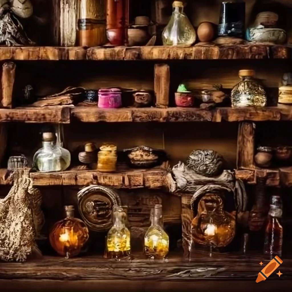 Alchemist's chamber with shelves of bottles in an enchanted forest town ...