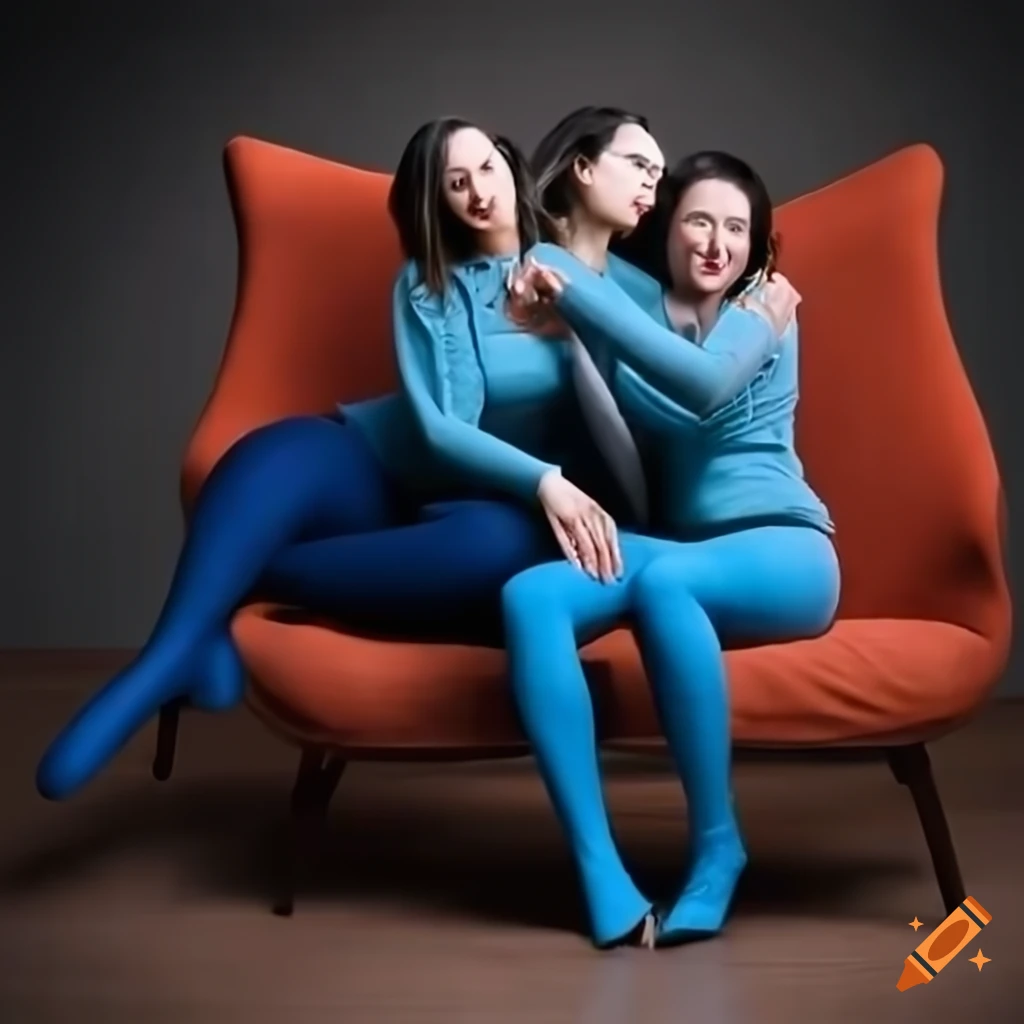 Artistic illusion of two women hugging in blue turtlenecks and orange tights sharing a chair