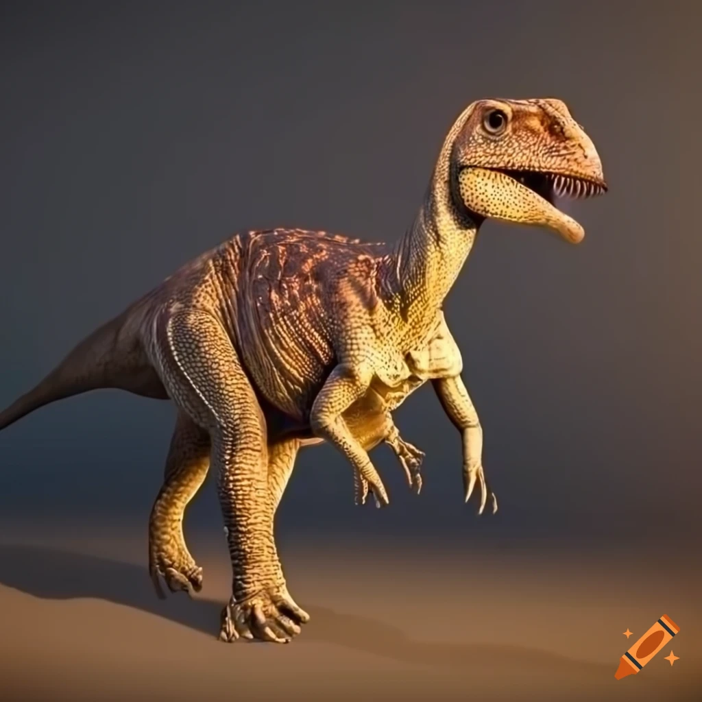 Colorful Hadrosaur dinosaur with intricate patterns and textured skin in warm morning light
