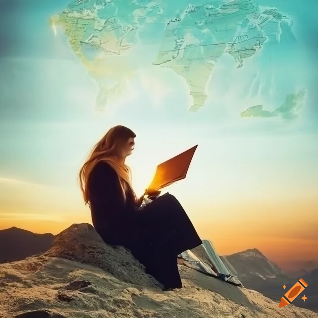 Adventurous woman reading a world map in a dreamy and colorful setting