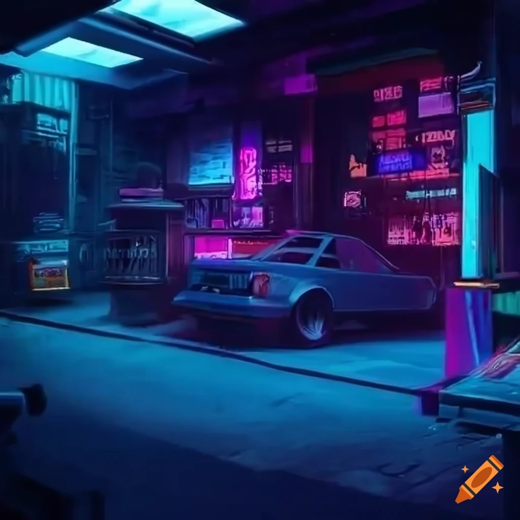 Cyberpunk car repair garage specializing in jdm with two mechanics