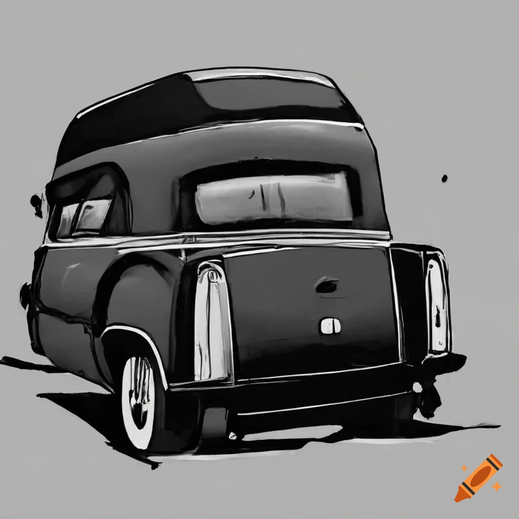Back view of a closed hearse in black and white