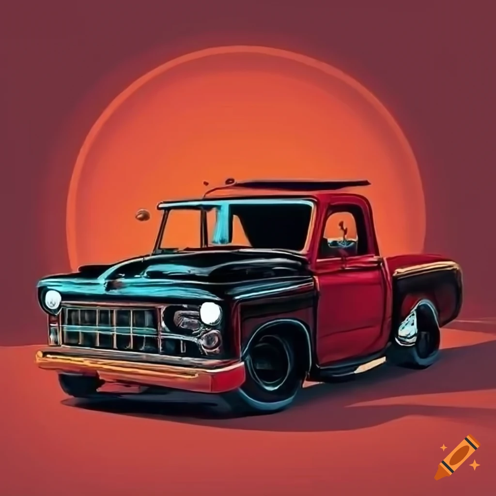 Vintage red and black pickup truck in a rugged wilderness