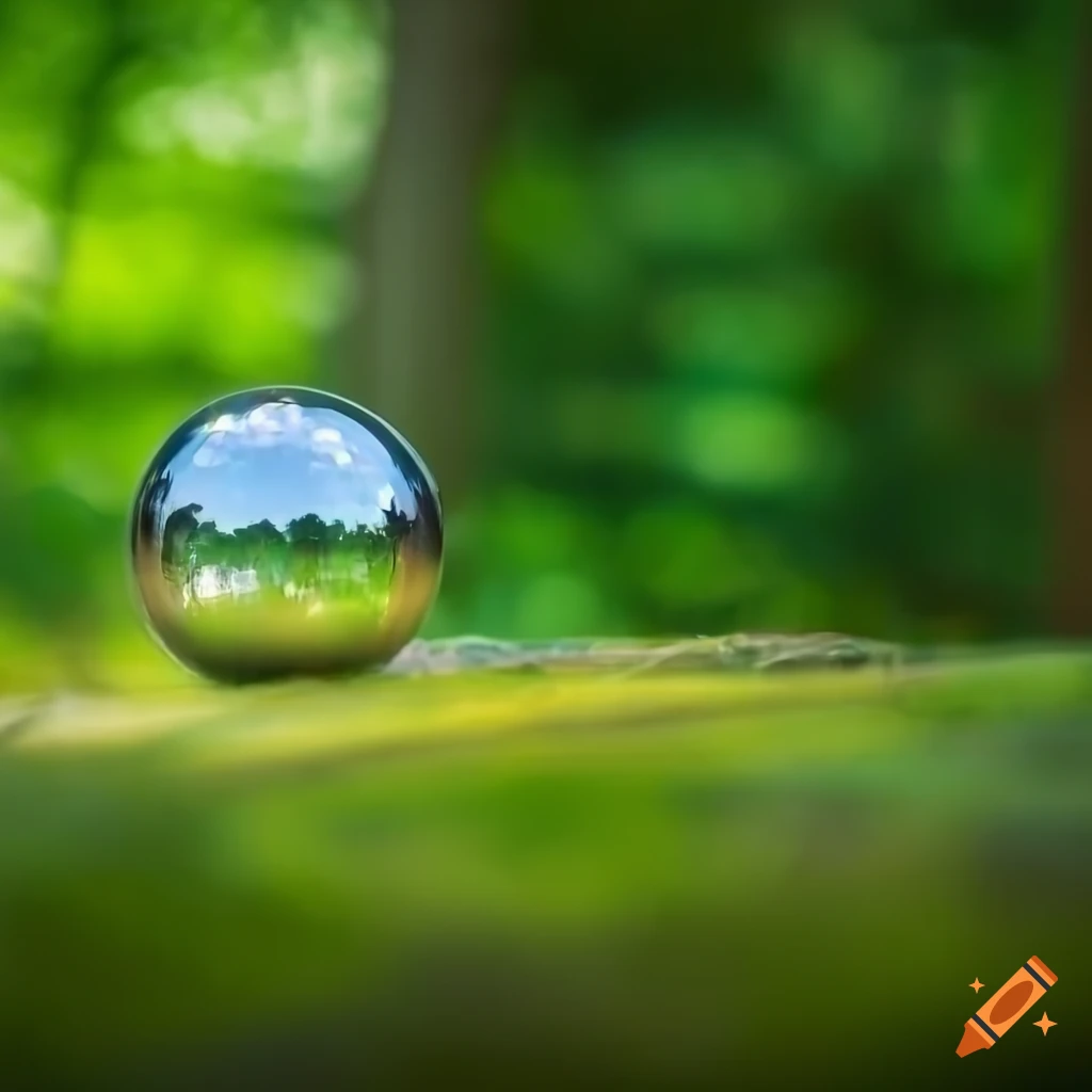 Macro photograph of shiny metal sphere reflecting green forest under