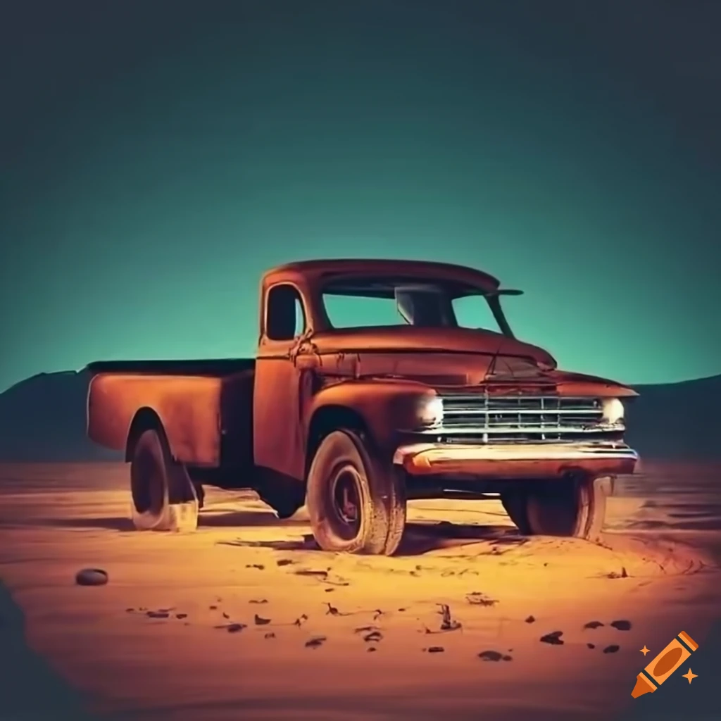 Classic pickup truck on a desert road at night with mysterious cliffs