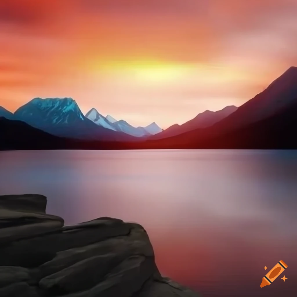 Mountain lake at sunset on Craiyon