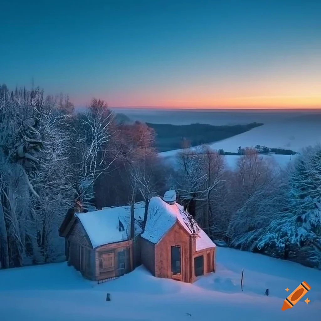 Old Finnish post-war house on a hillside in winter with outhouse and snowy tracks
