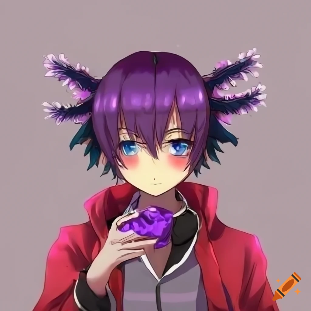 Anime character with axolotl features eating a cocoa circle