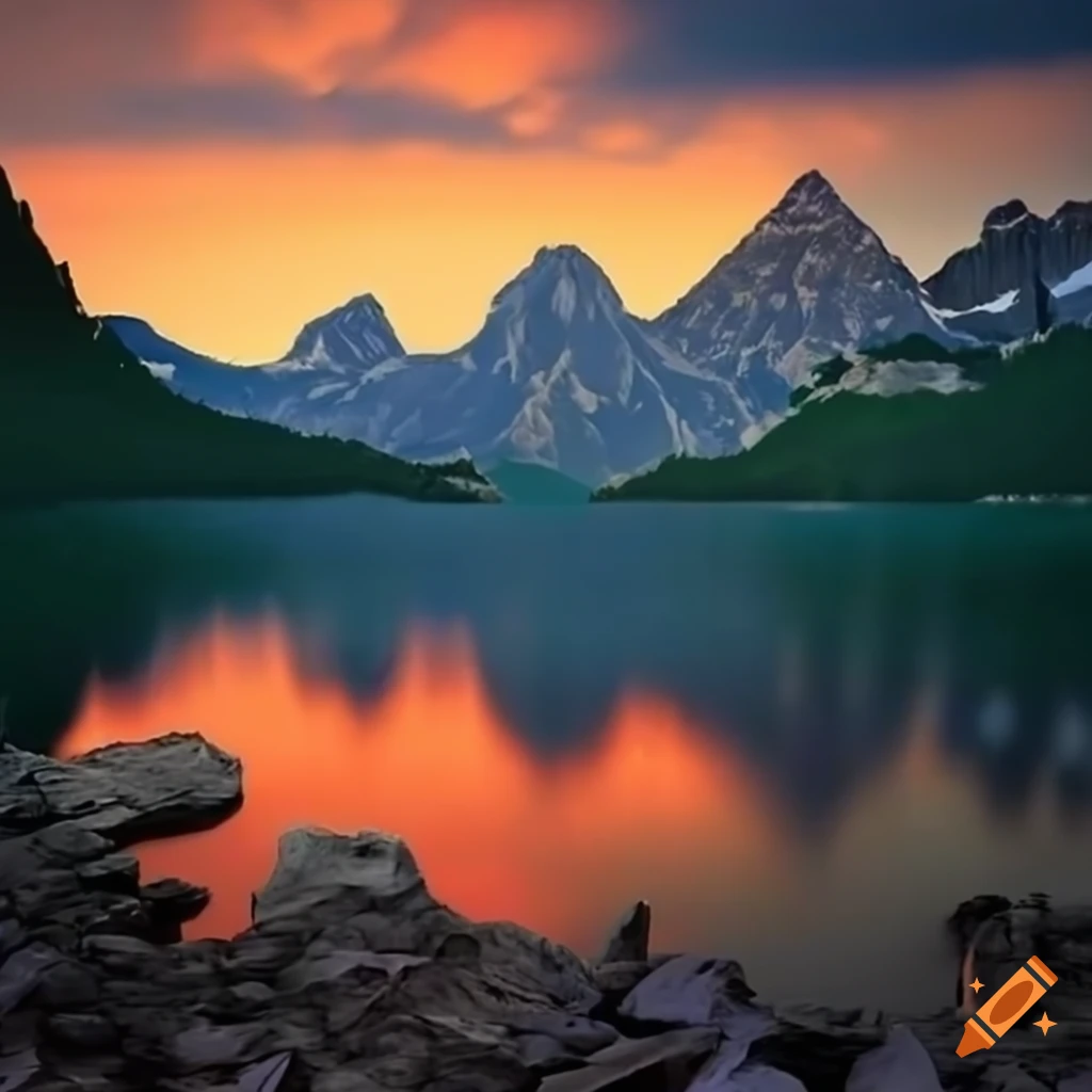 Mountain lake at sunset on Craiyon