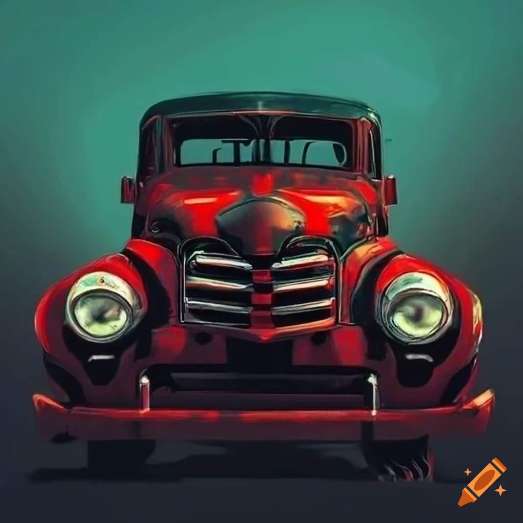 Vintage red and black pickup truck in a rugged wilderness
