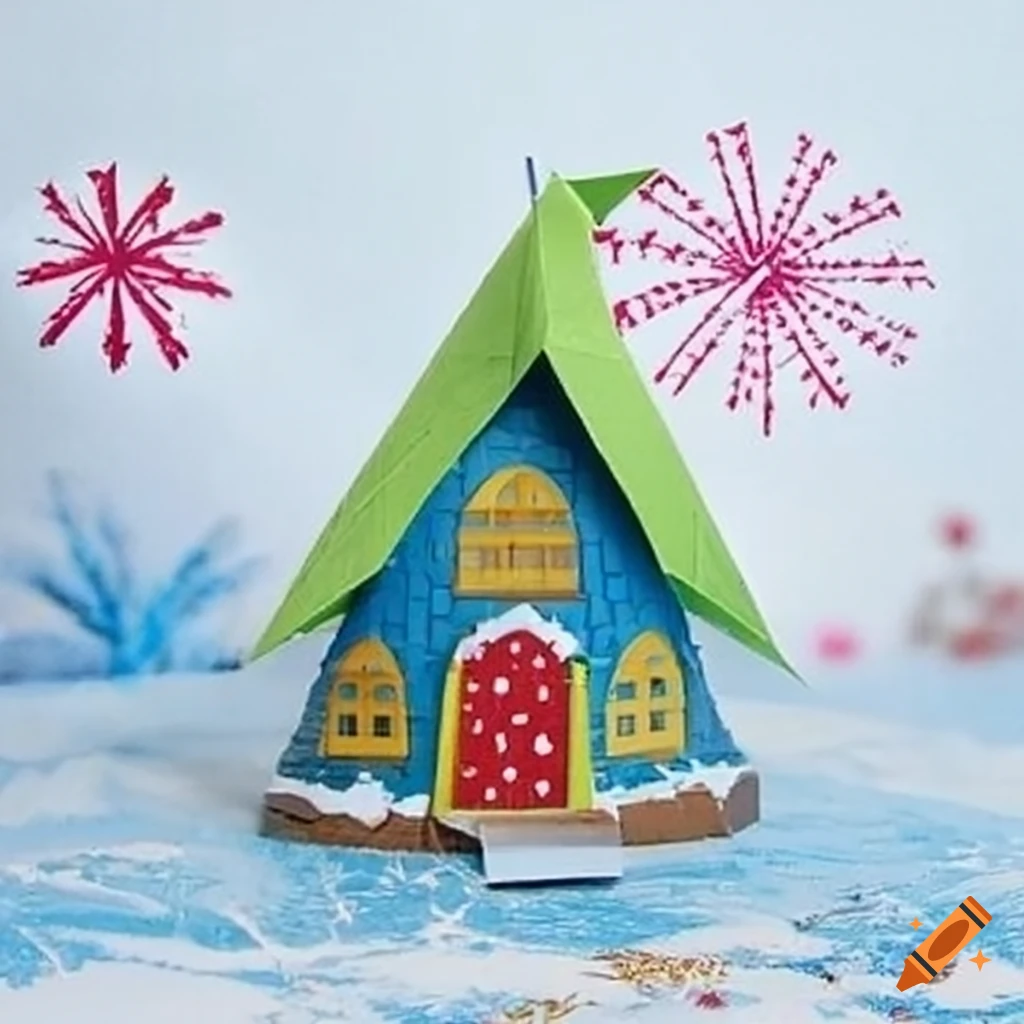 Snowy fairy house made of papercraft and origami with fireworks