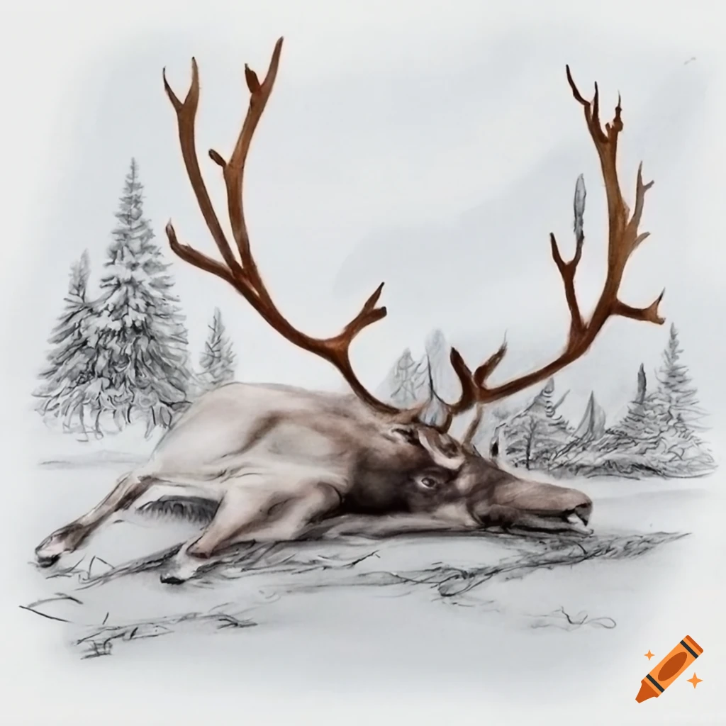 Winter landscape with five reindeer lying on the ground