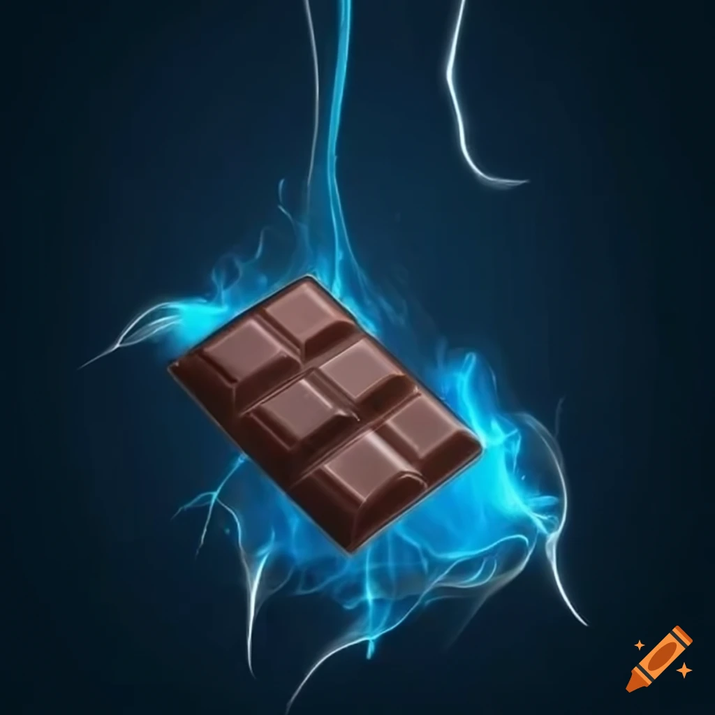 Whimsical floating bar of chocolate surrounded by blue sparks and energy